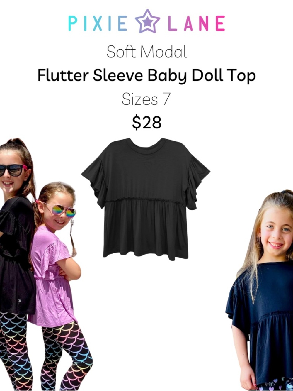 Pixie Lane Black Flutter Sleeve Baby Doll Top